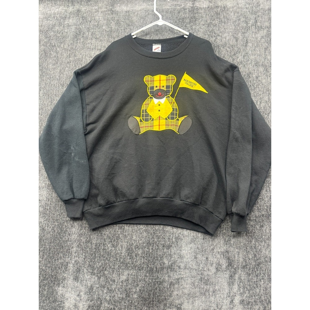 VTG Jerzees Sweatshirt Mens 2X Black Teddy Bears Holding Manchester College Flag